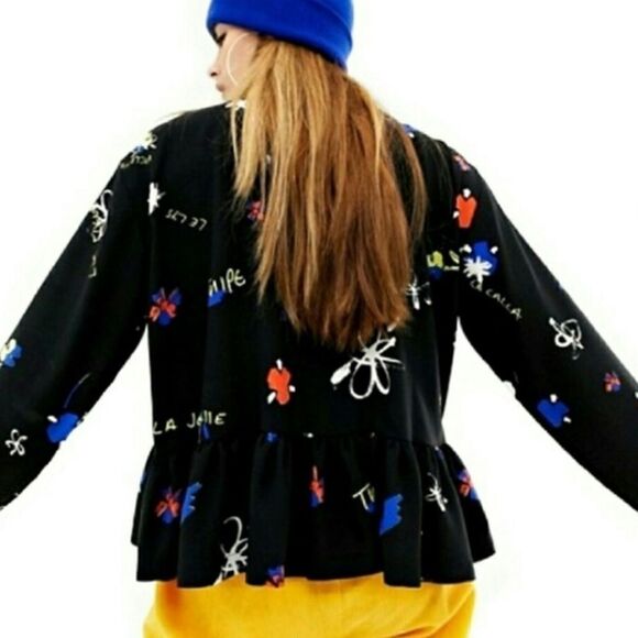 Collusion Black Graffiti Peplum Zip Popover Top - Picture 6 of 10